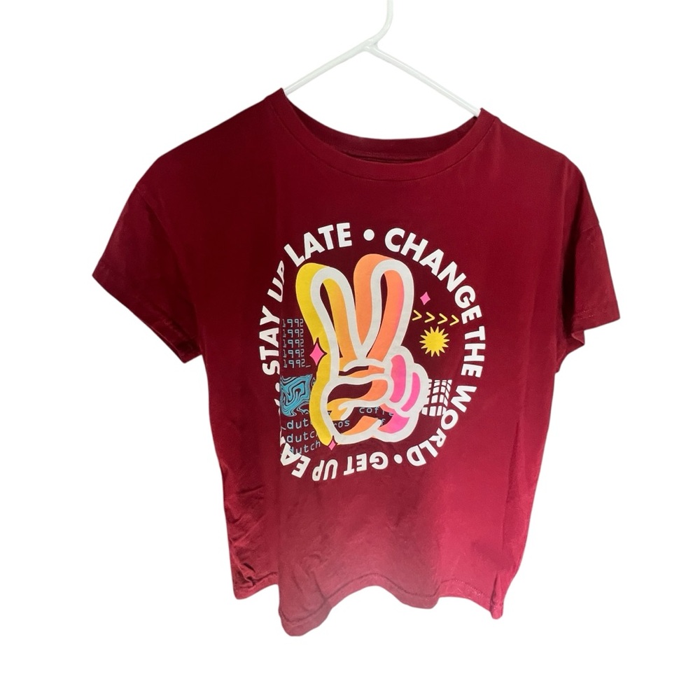 Dutch Bros small burgundy tshirt “get up early, stay up late, change the world